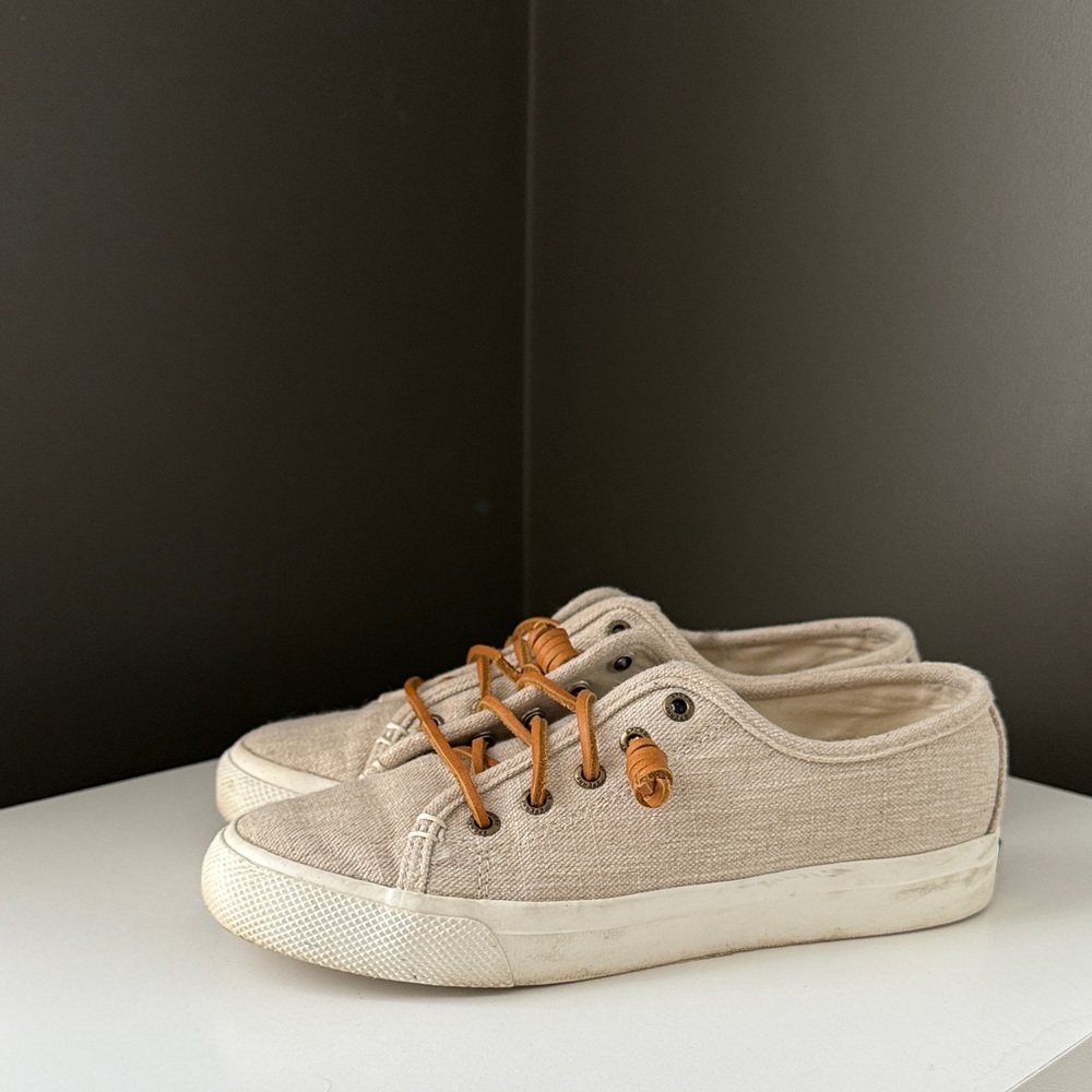 Sperry Tan Canvas Sneakers with Brown Laces